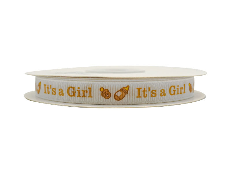 3/8"x 25 yards Tan It's a Girl Baby Shower Printed Grosgrain Gift Ribbon