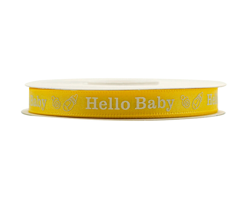 3/8"x 25 yards Yellow Hello Baby Printed Baby Shower Satin Gift Ribbon