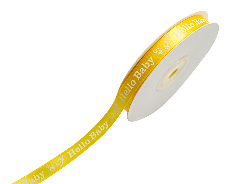 3/8"x 25 yards Yellow Hello Baby Printed Baby Shower Satin Gift Ribbon