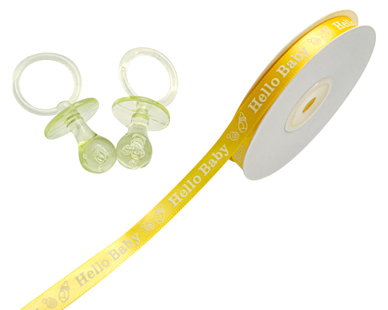 3/8"x 25 yards Yellow Hello Baby Printed Baby Shower Satin Gift Ribbon