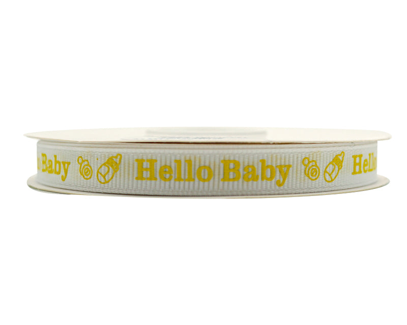 3/8"x 25 yards Yellow Hello Baby Printed Baby Shower Grosgrain Gift Ribbon