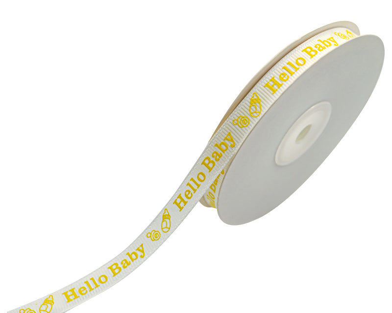 3/8"x 25 yards Yellow Hello Baby Printed Baby Shower Grosgrain Gift Ribbon