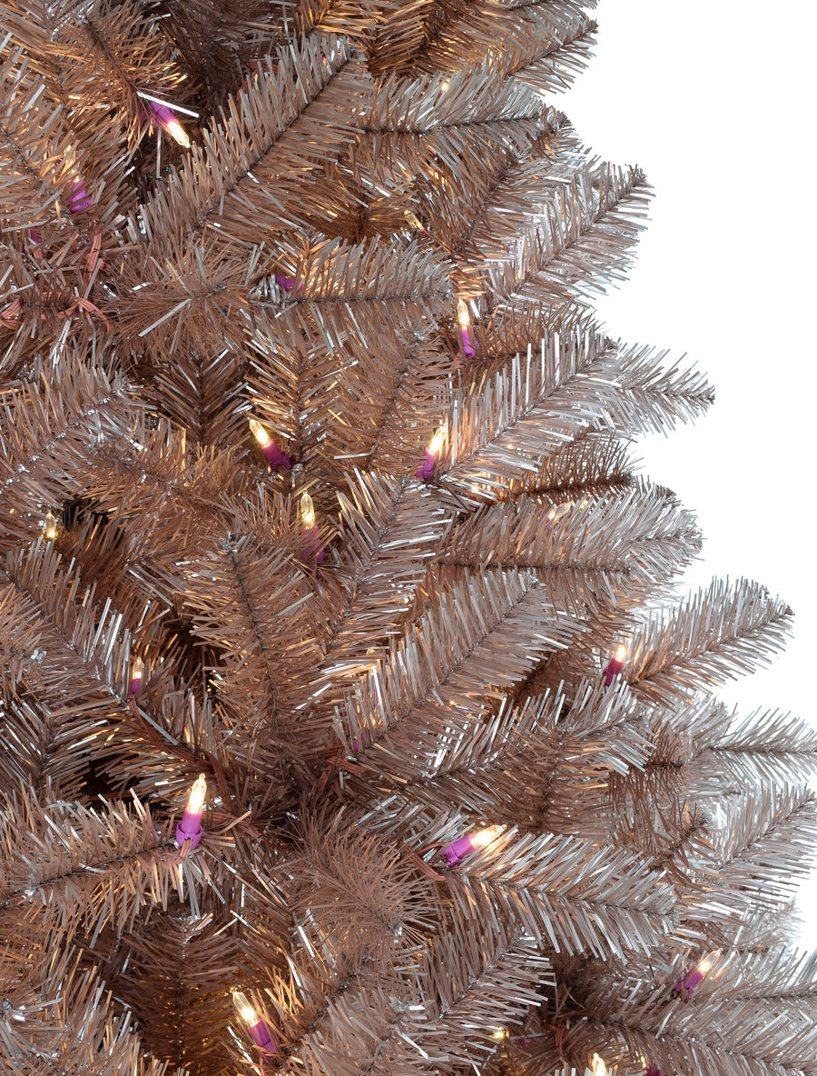 5' Pre-lit Multifunction Rose Gold Oregon Fir Tinsel Tree with Metal Stand and Instant Connect