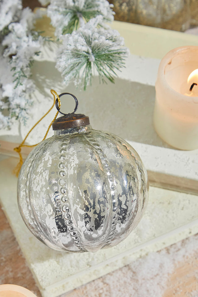4" Silver Beaded Mercury Glass Ornament
