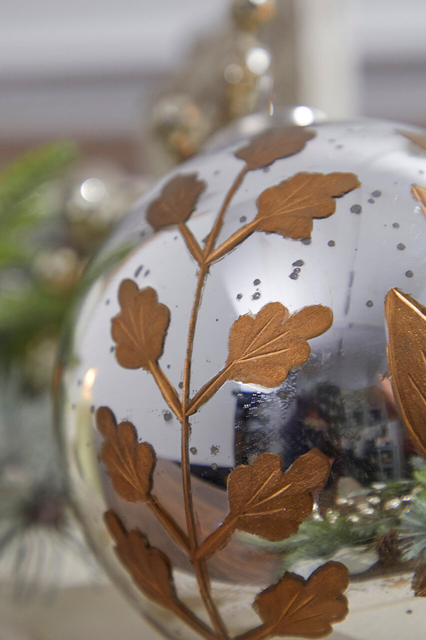6" Round Antique Mercury Glass and Botanical Gold Etched Ornament