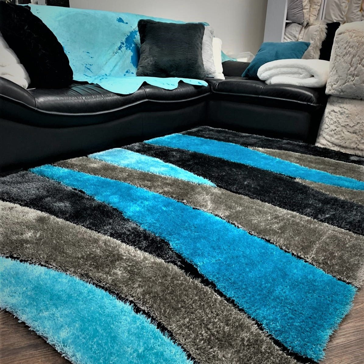 Living Shag Waves Polyester Fabric - 3D Effect Shag Rug, Gray Blue, 7'6" X 10'3" (1 Piece)