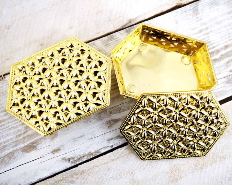 3.5" x 2.5" Gold Hexagon Carved Plastic Favor Trinket Box - Pack of 12