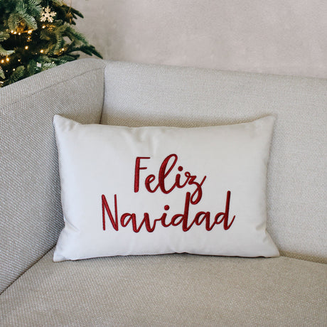 Feliz Navidad Embroidery Velvet Pillow - White/Red, Hunter/Gold, 14X20" (1 Piece)