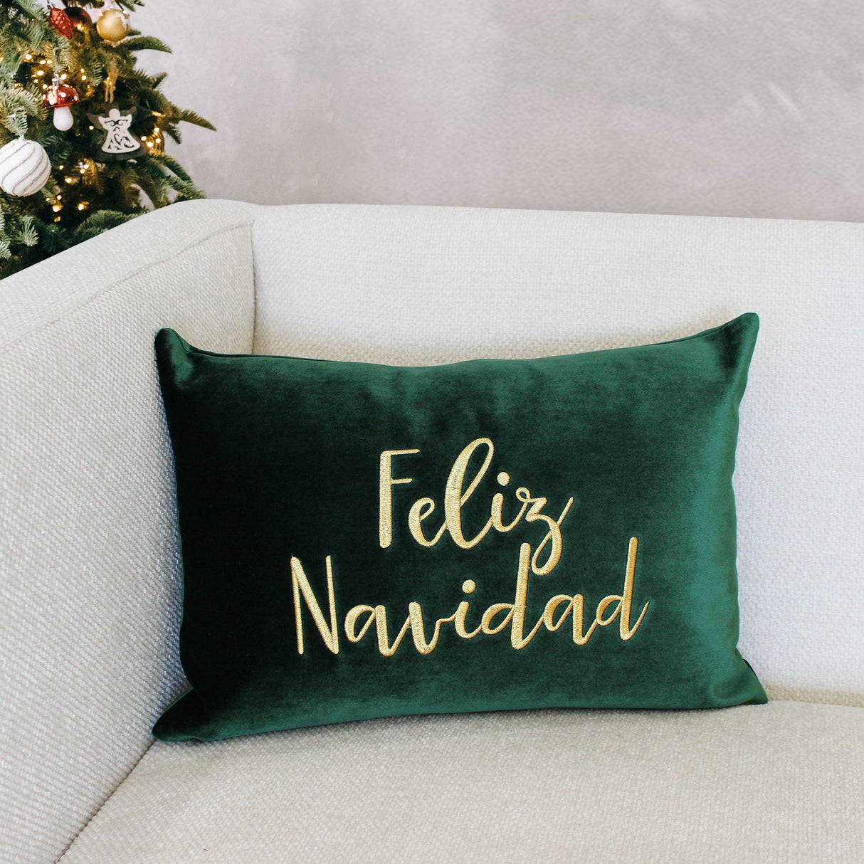 Feliz Navidad Embroidery Velvet Pillow - White/Red, Hunter/Gold, 14X20" (1 Piece)