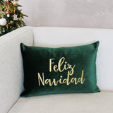 Feliz Navidad Embroidery Velvet Pillow - White/Red, Hunter/Gold, 14X20" (1 Piece)