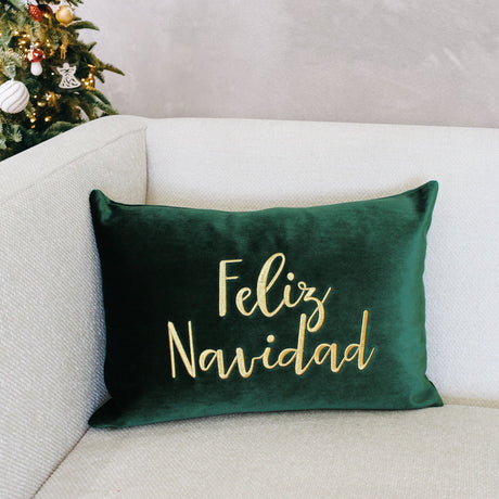 Feliz Navidad Embroidery Velvet Pillow - White/Red, Hunter/Gold, 14X20" (1 Piece)