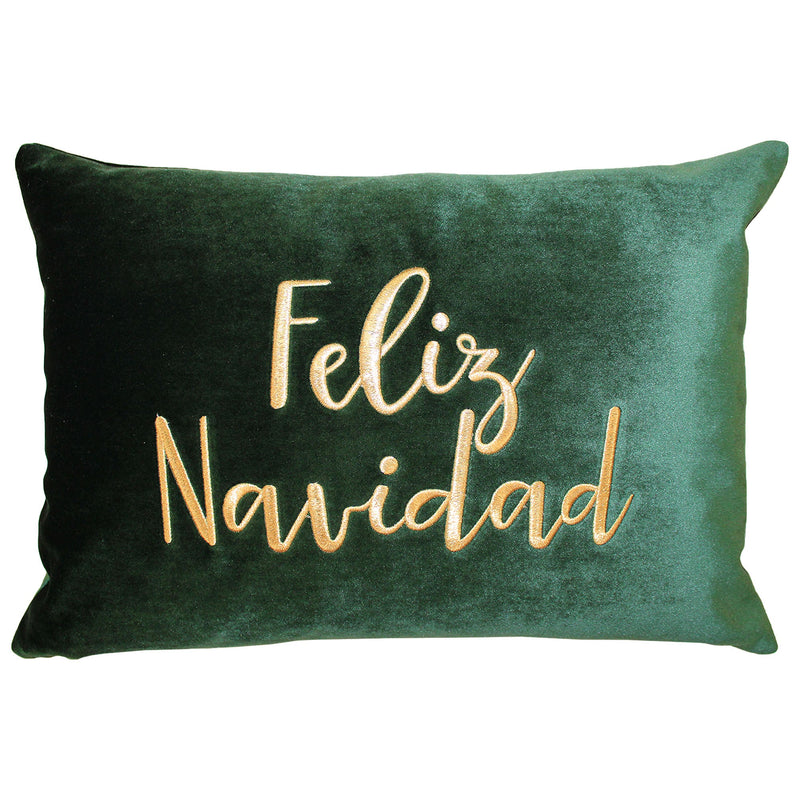 Feliz Navidad Embroidery Velvet Pillow - White/Red, Hunter/Gold, 14X20" (1 Piece)