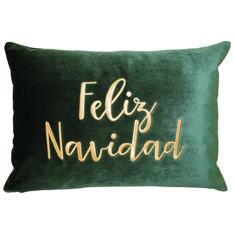 Feliz Navidad Embroidery Velvet Pillow - White/Red, Hunter/Gold, 14X20" (1 Piece)