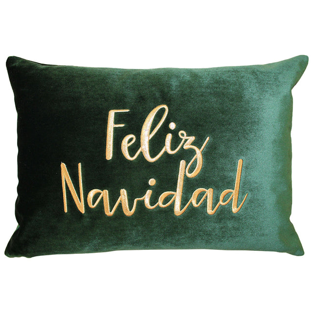 Feliz Navidad Embroidery Velvet Pillow - White/Red, Hunter/Gold, 14X20" (1 Piece)