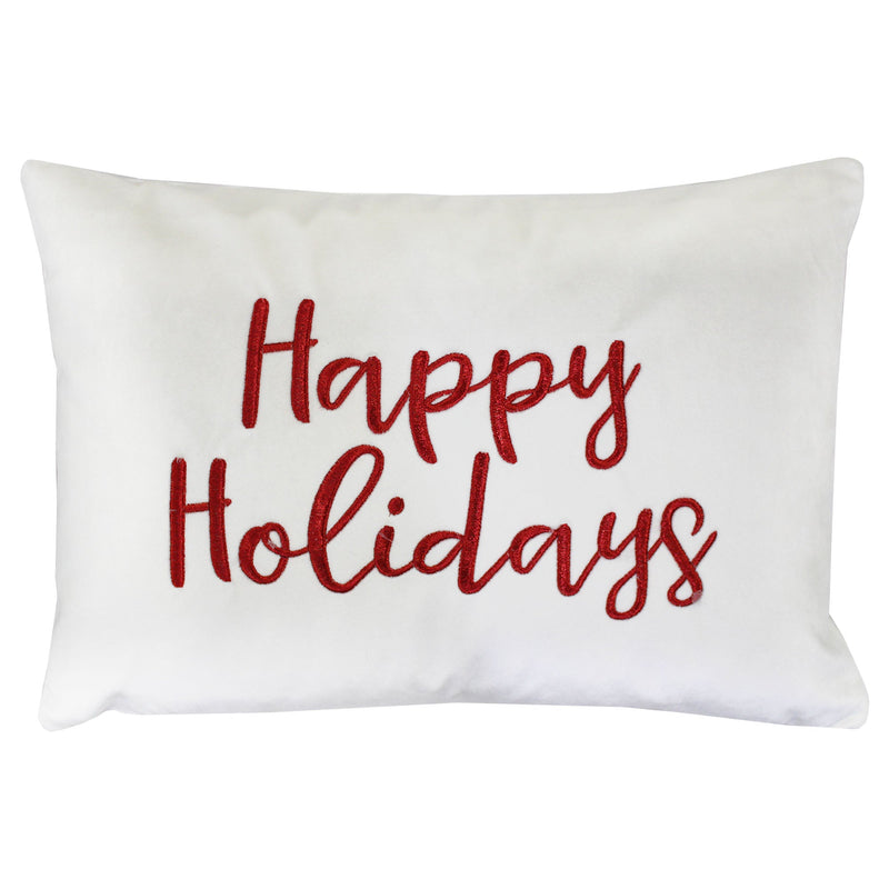 Happy Holidays Metallic Embroidery Velvet Pillow - Holiday Typography, 14" X 20", Red/Gold, White/Red, Hunter/Gold, Gold/Silver (1 Pillow)