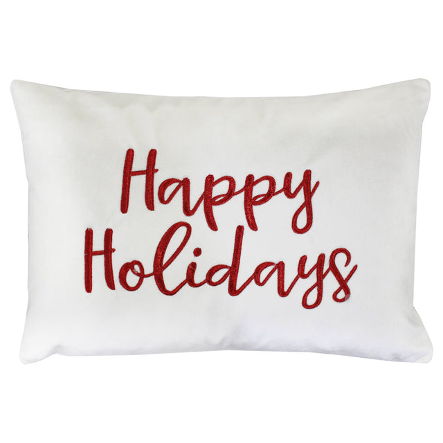 Happy Holidays Metallic Embroidery Velvet Pillow - Holiday Typography, 14" X 20", Red/Gold, White/Red, Hunter/Gold, Gold/Silver (1 Pillow)