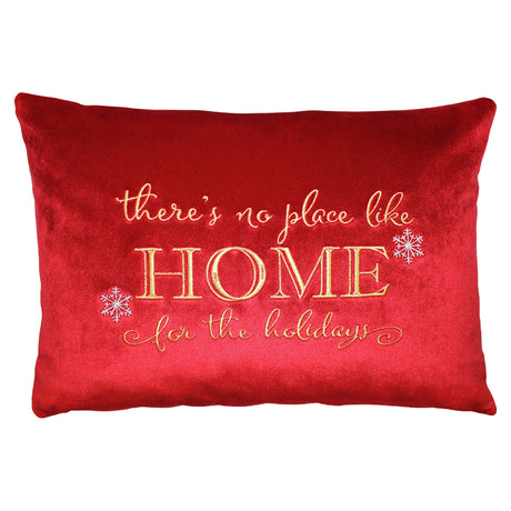 There's No Place Like Home For The Holidays Embroidered Velvet Pillow - Red/Gold Metallic Embroidery, 14" X 20" (1 Pillow)