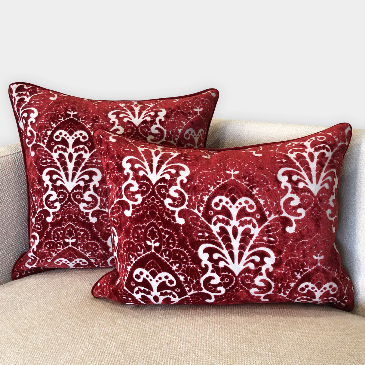 Stevie Metallic Damask Cut Velvet Pillow Fabric - Red, Sapphire, Olive, Gold, 18" X 24" (1 Set)