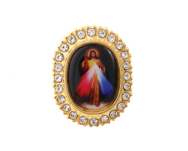 1" x 3/4" Gold Devine Mercy / Misericordia Crystal Rhinestone Frame Lapel Pin - Pack of 12