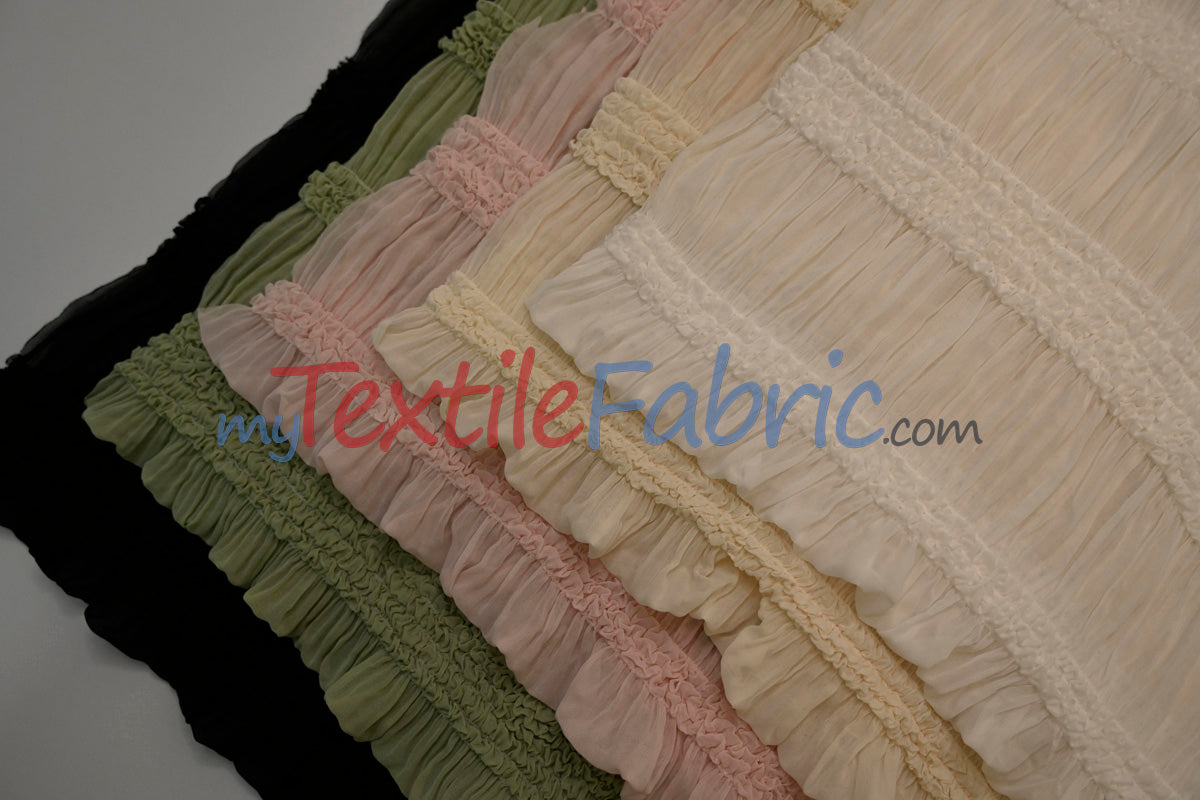 Pleated Ruffle Chiffon Polyester Fabric - Lightweight Textured Semi-Sheer, 44/46" Width (1 Yard)
