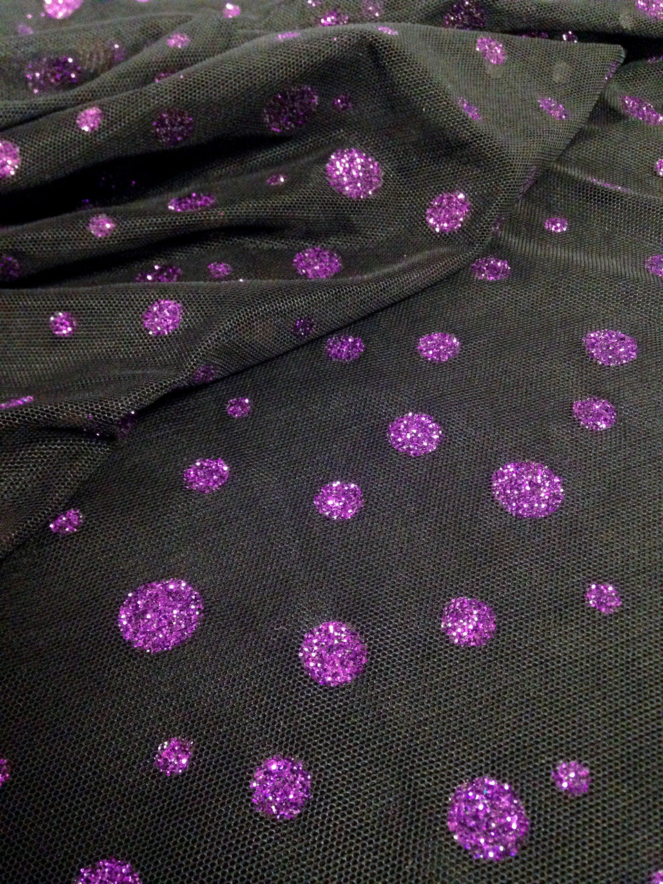 Sparkly Polka Dot Glitter On Black Polyester Spandex Mesh Fabric - Black, Sparkly Polka Dot Glitter, 58"-60" Width