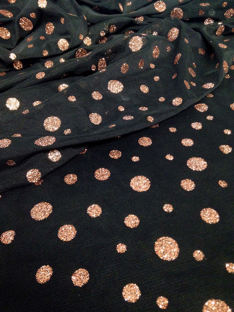 Sparkly Polka Dot Glitter On Black Polyester Spandex Mesh Fabric - Black, Sparkly Polka Dot Glitter, 58"-60" Width