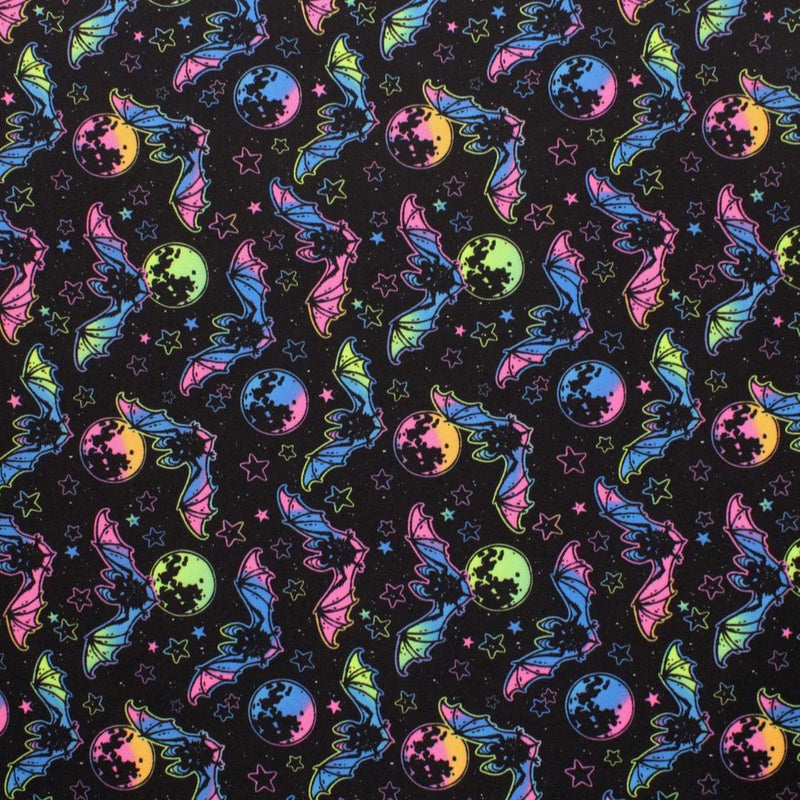 Rainbow Bats Blacklight Reactive Spandex Fabric - Blacklight Reactive Bats Print, 58"/60" Width (1 Yard)