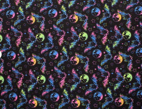 Rainbow Bats Blacklight Reactive Spandex Fabric - Blacklight Reactive Bats Print, 58"/60" Width (1 Yard)