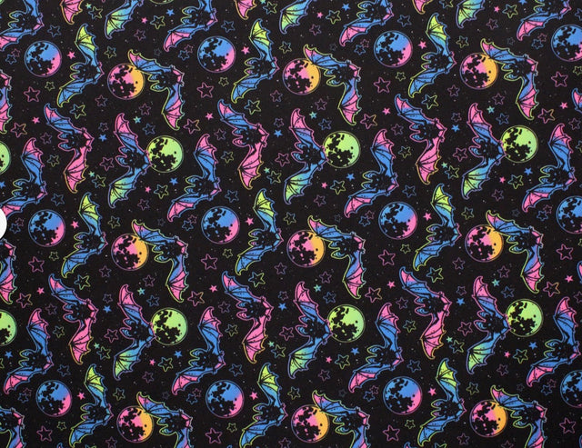Rainbow Bats Blacklight Reactive Spandex Fabric - Blacklight Reactive Bats Print, 58"/60" Width (1 Yard)