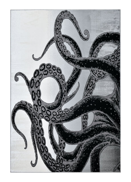 Z339A Polyester Fabric - Metallic Octopus Tentacle Design, Light Grey, Black Or Blue, 5' 3" X 7' 6" / 7' 9" X 10' 5" (1 Rug)