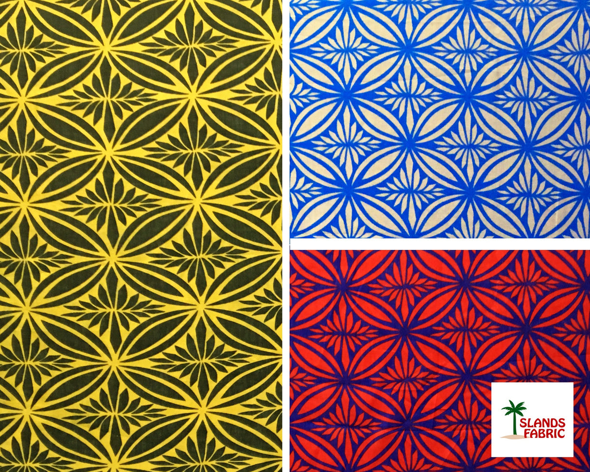 Tapa Flower Print Poly Linen Fabric - Red, Blue, Yellow, 36" X 58" (1 Yard)