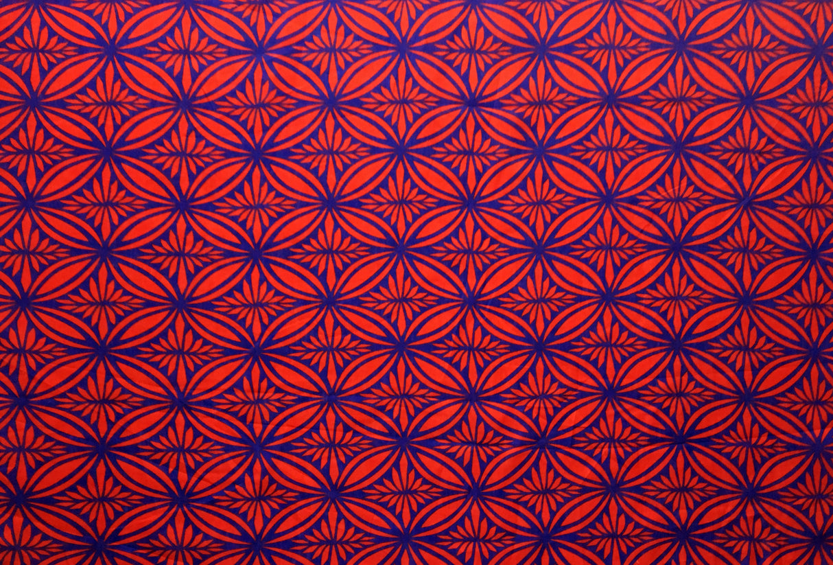 Tapa Flower Print Poly Linen Fabric - Red, Blue, Yellow, 36" X 58" (1 Yard)