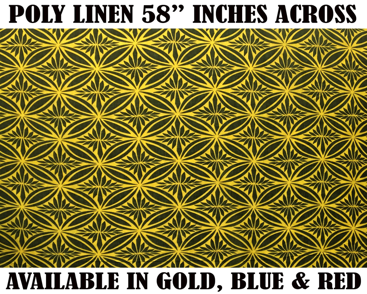 Tapa Flower Print Poly Linen Fabric - Red, Blue, Yellow, 36" X 58" (1 Yard)