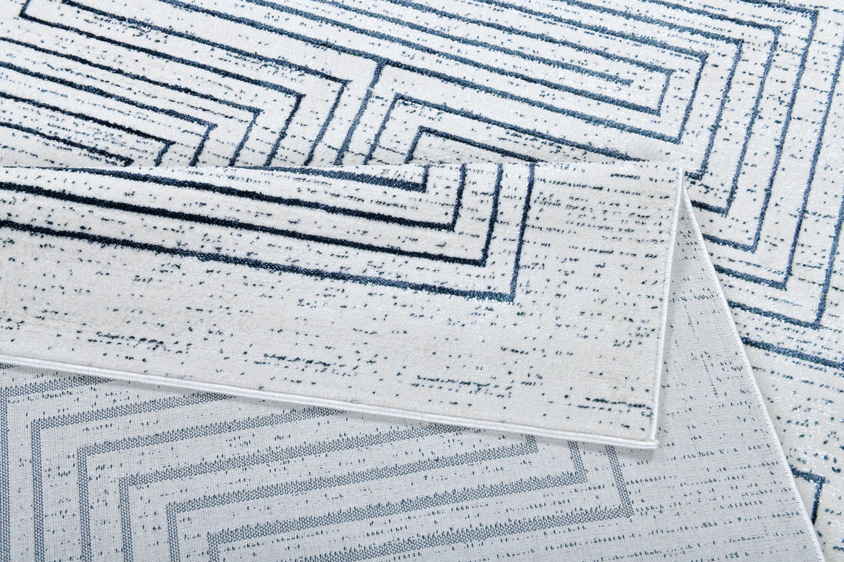 Z329B Polyester Fabric - Soft Cream, Sheer Blue And Subtle Emerald Geometric Accents, Area Rug (1 Piece)
