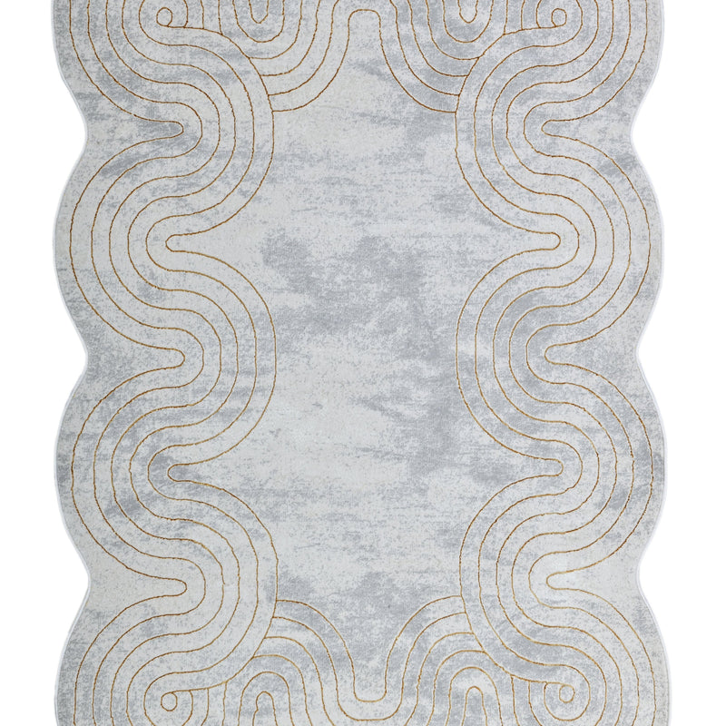 Z325B Polyester Fabric - Cream Rug With Metallic Gold Accents, Designer Geometric Edge Style, 5' 3" X 7' 6", 7' 9" X 10' 5", 10' X 13' (1 Piece)