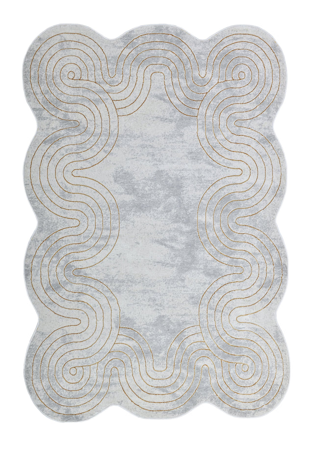 Z325B Polyester Fabric - Cream Rug With Metallic Gold Accents, Designer Geometric Edge Style, 5' 3" X 7' 6", 7' 9" X 10' 5", 10' X 13' (1 Piece)