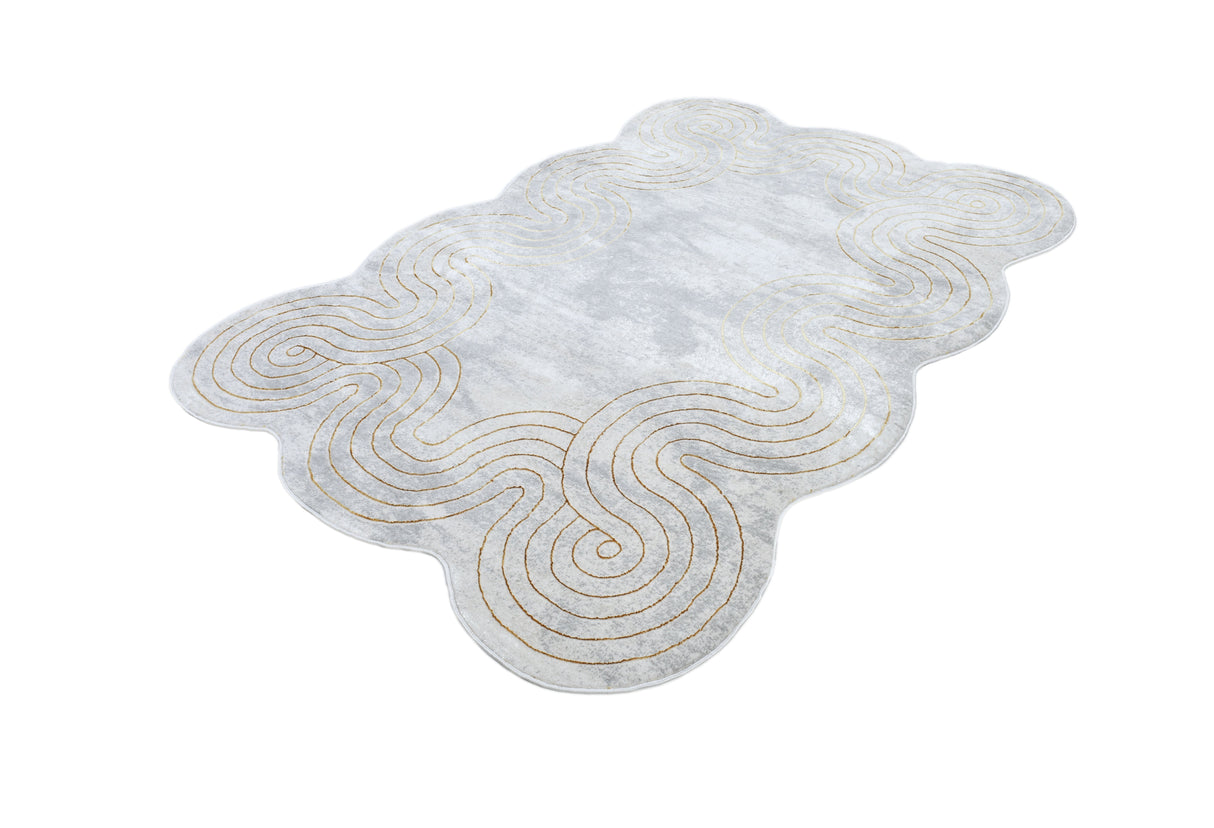 Z325B Polyester Fabric - Cream Rug With Metallic Gold Accents, Designer Geometric Edge Style, 5' 3" X 7' 6", 7' 9" X 10' 5", 10' X 13' (1 Piece)