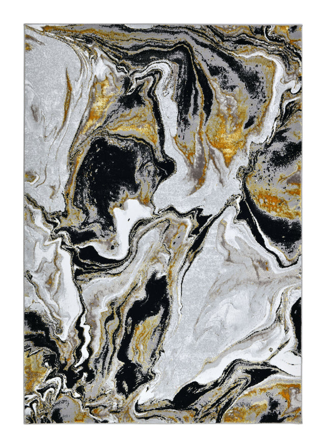 Z258A Polyester Area Rug - Metallic Silver, Brushed Gold, Deep Black Abstract Marbled Design (1 Rug)