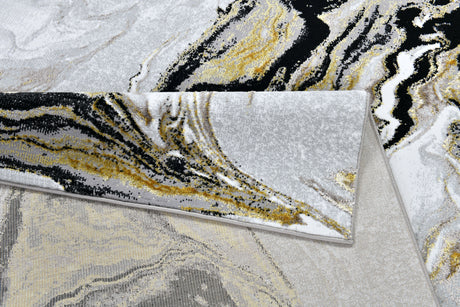 Z258A Polyester Area Rug - Metallic Silver, Brushed Gold, Deep Black Abstract Marbled Design (1 Rug)