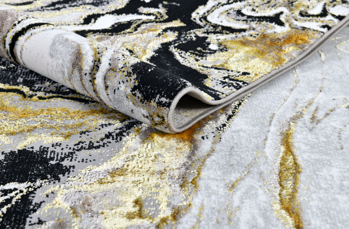 Z258A Polyester Area Rug - Metallic Silver, Brushed Gold, Deep Black Abstract Marbled Design (1 Rug)
