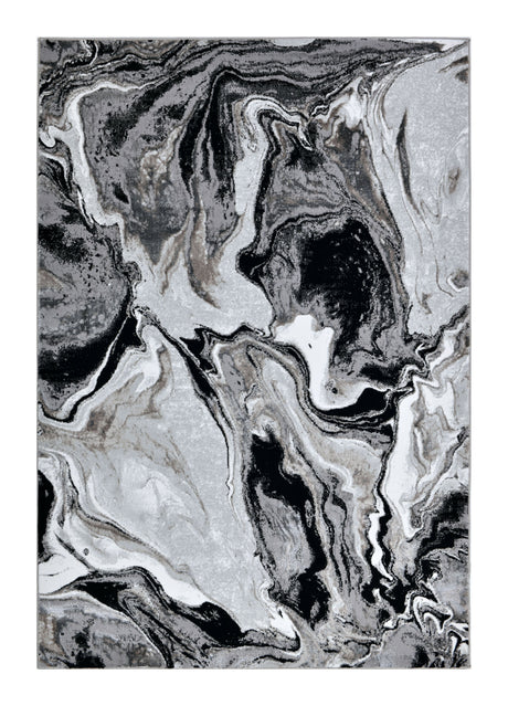 Z258A Polyester Area Rug - Metallic Silver, Brushed Gold, Deep Black Abstract Marbled Design (1 Rug)