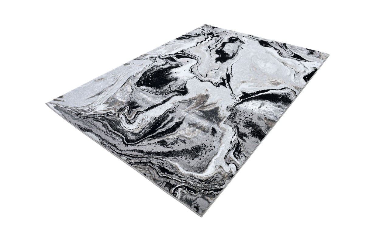 Z258A Polyester Area Rug - Metallic Silver, Brushed Gold, Deep Black Abstract Marbled Design (1 Rug)