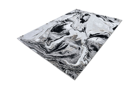 Z258A Polyester Area Rug - Metallic Silver, Brushed Gold, Deep Black Abstract Marbled Design (1 Rug)