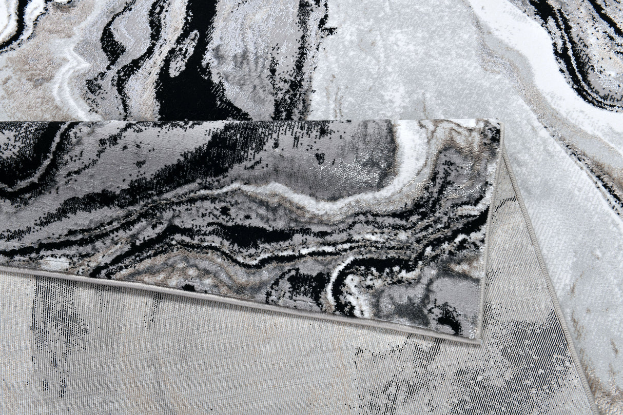Z258A Polyester Area Rug - Metallic Silver, Brushed Gold, Deep Black Abstract Marbled Design (1 Rug)