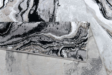 Z258A Polyester Area Rug - Metallic Silver, Brushed Gold, Deep Black Abstract Marbled Design (1 Rug)