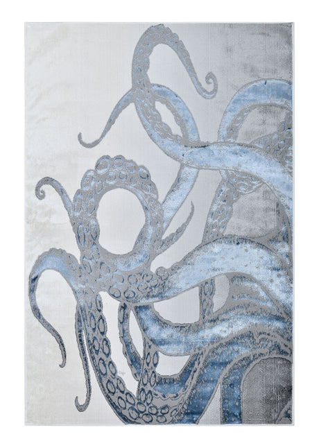 Z339A Polyester Fabric - Metallic Octopus Tentacle Design, Light Grey, Black Or Blue, 5' 3" X 7' 6" / 7' 9" X 10' 5" (1 Rug)