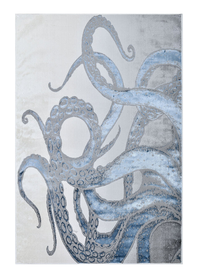 Z339A Polyester Fabric - Metallic Octopus Tentacle Design, Light Grey, Black Or Blue, 5' 3" X 7' 6" / 7' 9" X 10' 5" (1 Rug)