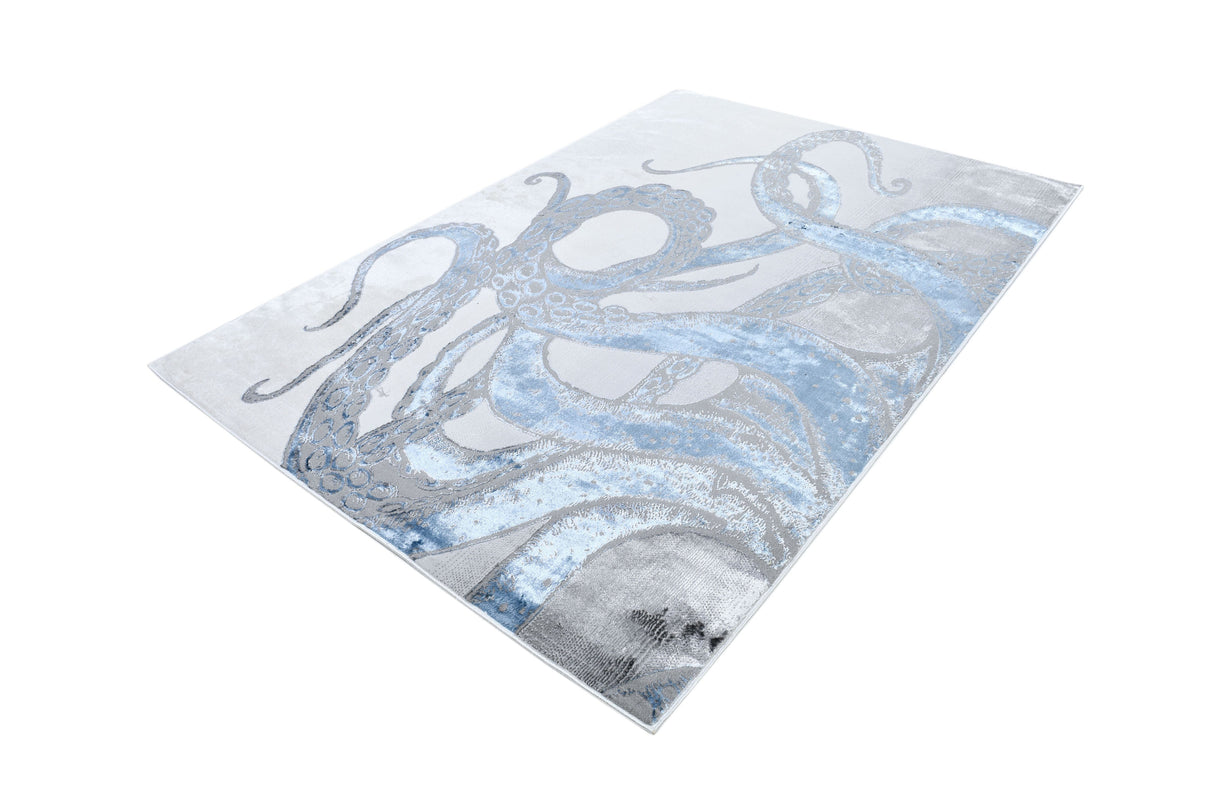 Z339A Polyester Fabric - Metallic Octopus Tentacle Design, Light Grey, Black Or Blue, 5' 3" X 7' 6" / 7' 9" X 10' 5" (1 Rug)
