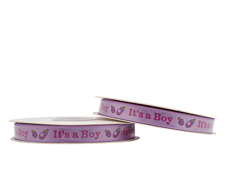 3/8" x 25 Yards Lavender / Pink It's a Boy Baby Printed Shower Satin Gift Ribbon