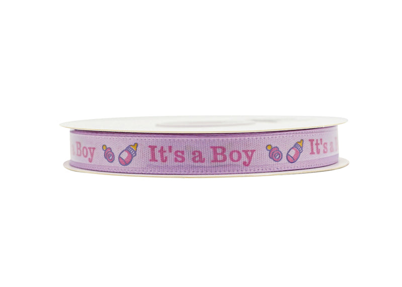 3/8" x 25 Yards Lavender / Pink It's a Boy Baby Printed Shower Satin Gift Ribbon